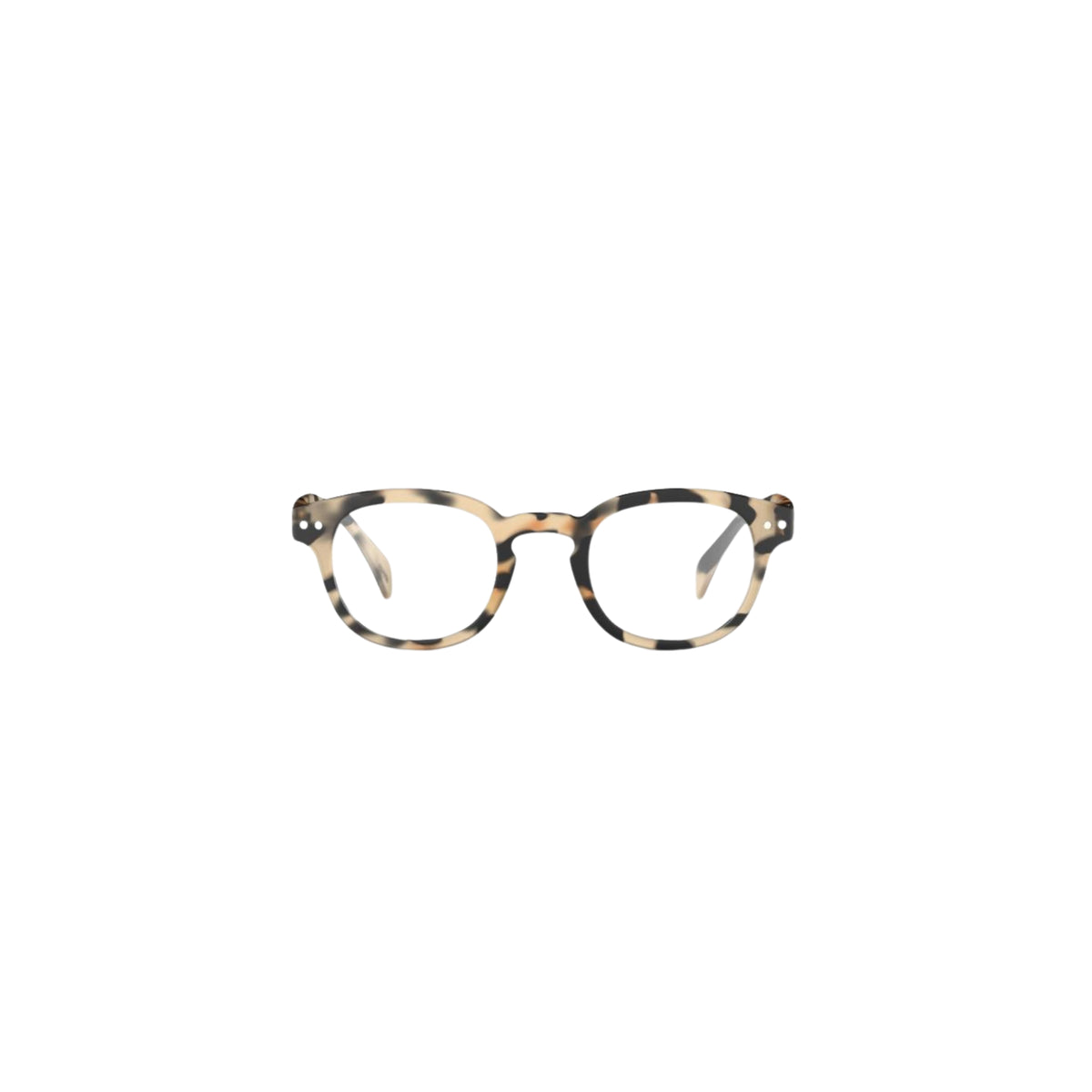 De Izipizi Leesbril #C Light Tortoise van Izipizi heeft een rond montuur van lichte schildpad in beige, zwart en bruin - perfect voor presbyopie - op een witte achtergrond.