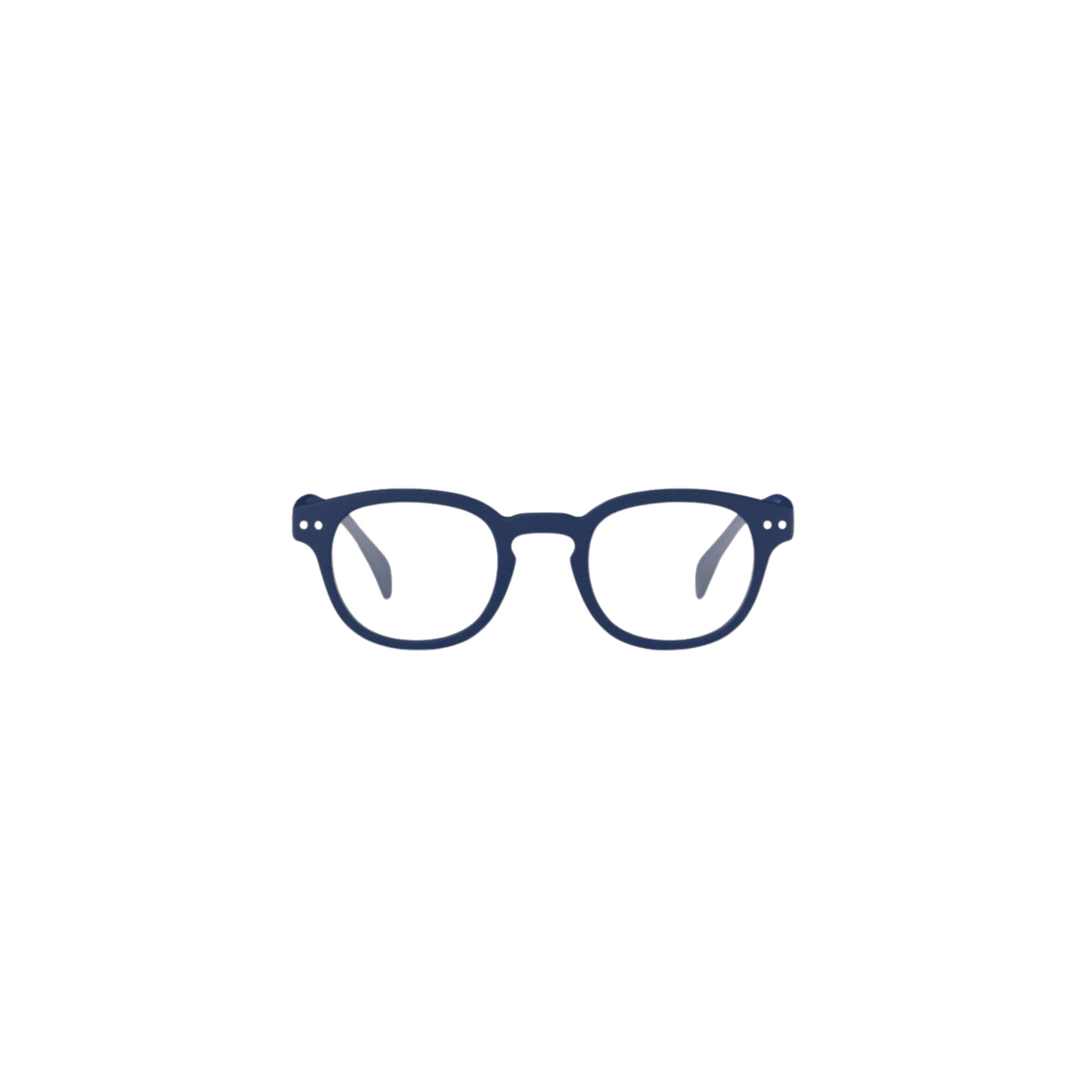 Minimalistische illustratie van Izipizi Leesbril #C Navy-ronde glazen en zichtbare neuspads-gecentreerd op een effen witte achtergrond, waardoor het een ideale Izipizi leesbril keuze is voor presbyopie.