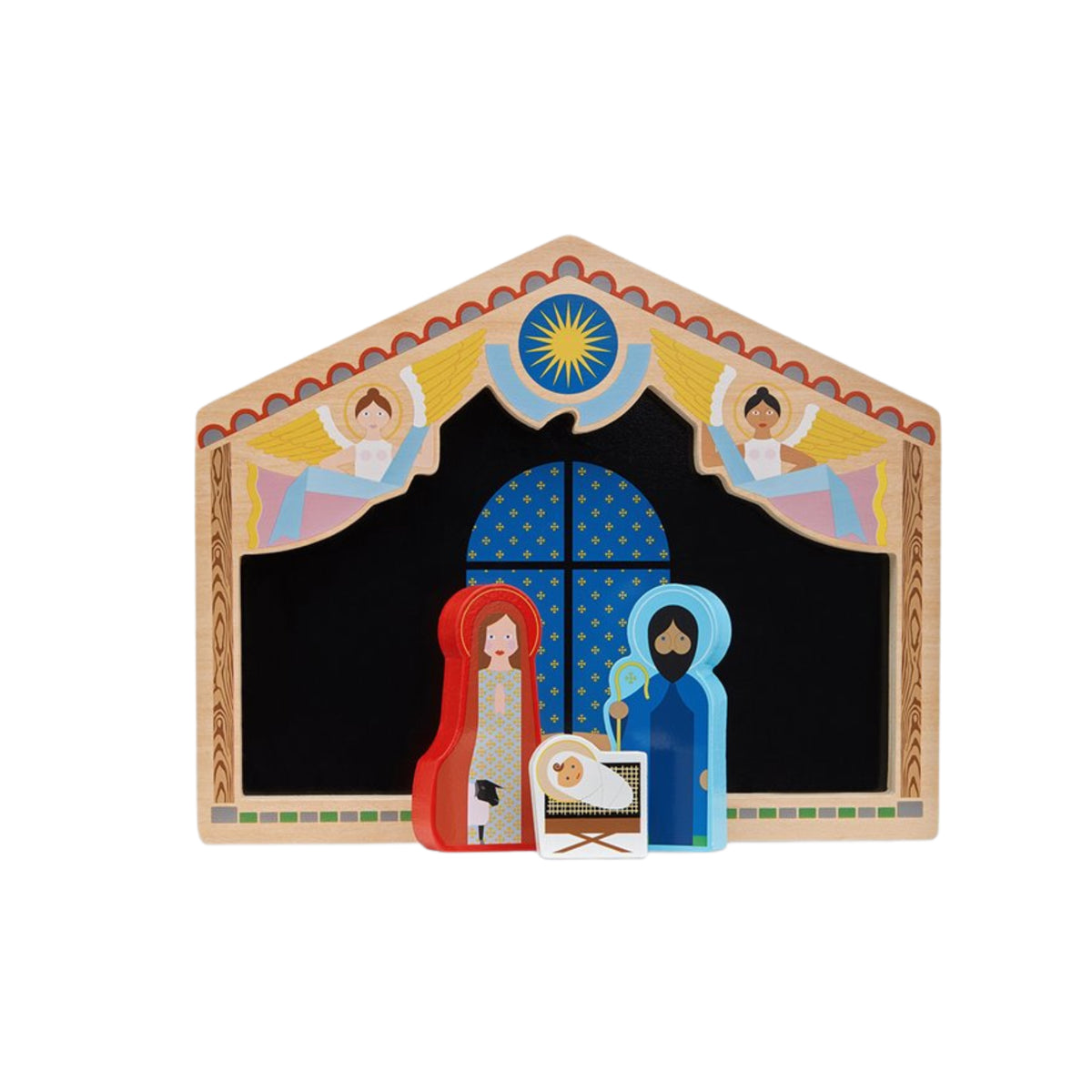 De &Klevering Kerststal Puzzel van &Klevering is een houten kerststal met Maria, Jozef en kindje Jezus in een kribbe onder een stabiele achtergrond, met engelen en een ster erboven voor feestelijke decoratie.