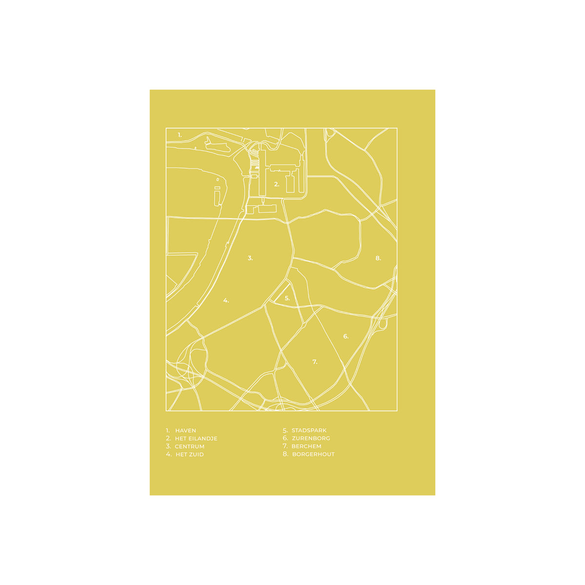 De Matriks Postkaart Antwerpen Dubbel A6 van Matriks heeft een minimalistische geel-witte kaart van Antwerpse gebouwen, met gelabelde secties en een legenda met Haven, Kasteelruïne, Het Zand, Stadspark, Jumbotuin en Burchtenhout.