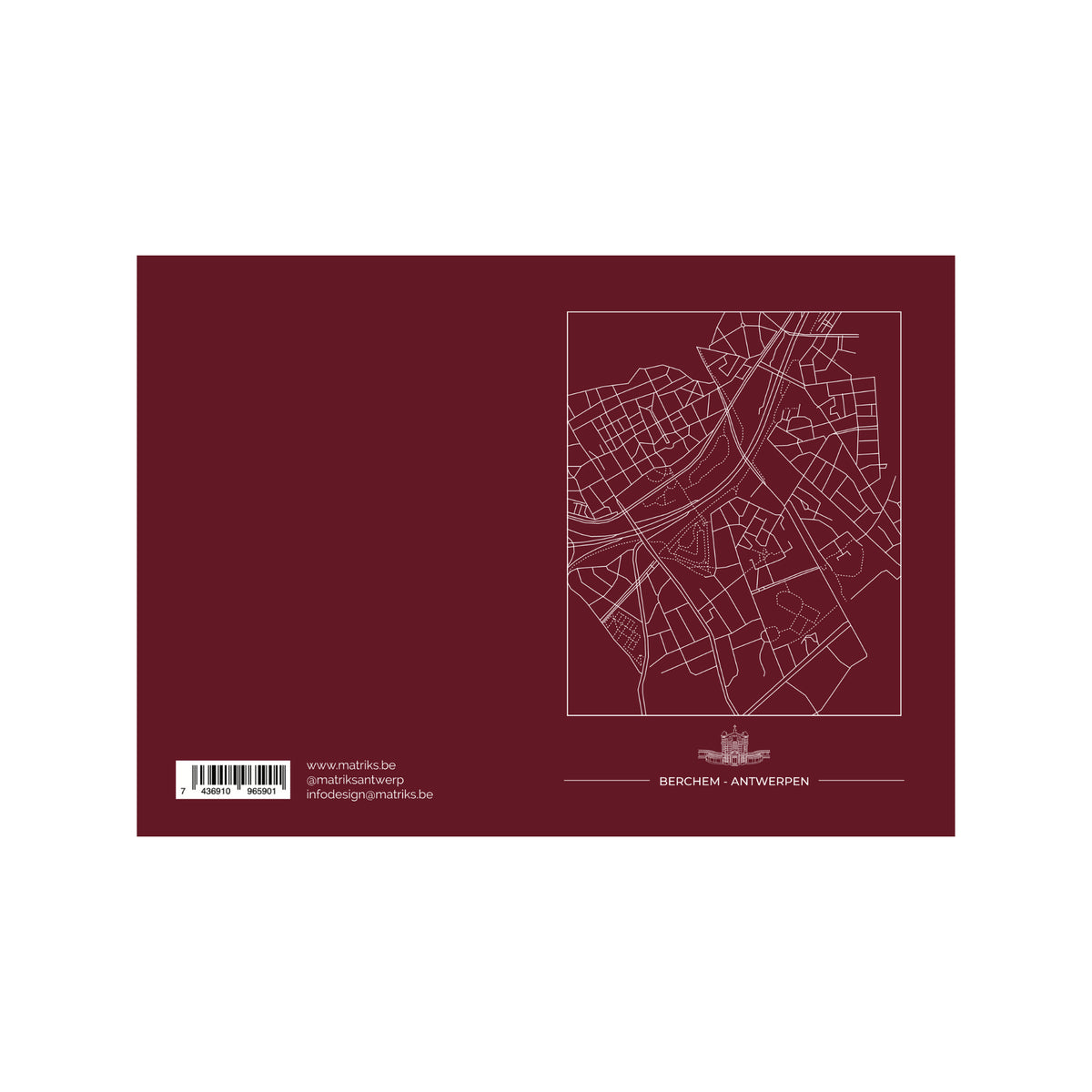 De Matriks Postkaart Antwerpen Berchem Dubbel A6 heeft een kastanjebruine omslag met een witte kaart van Berchem, Antwerpen, stadswapen en barcode. Ideaal voor wenskaarten of fans van Antwerpse gebouwen. Merk: Matriks.