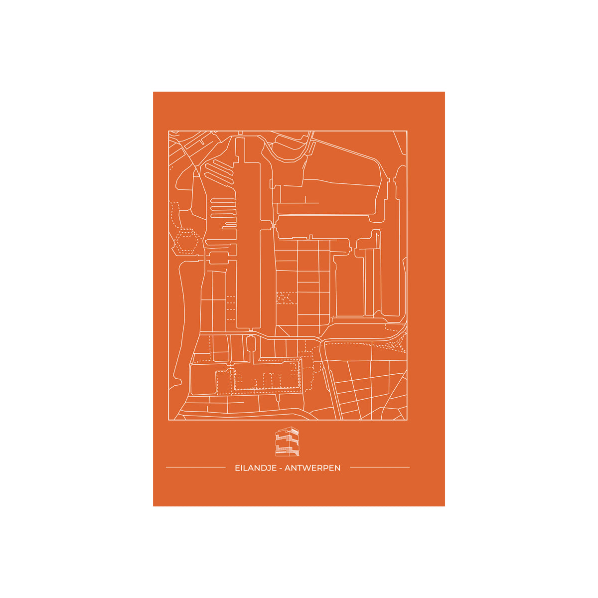 De Matriks Postkaart Antwerpen Eilandje Dubbel A6 heeft een minimalistische oranje kaart van Eilandje, Antwerpen, met wit omlijnde straten op A6. "EILANDJE - ANTWERPEN" en een geometrisch icoon verschijnen eronder. Ideaal voor wenskaarten. Merk: Matriks.