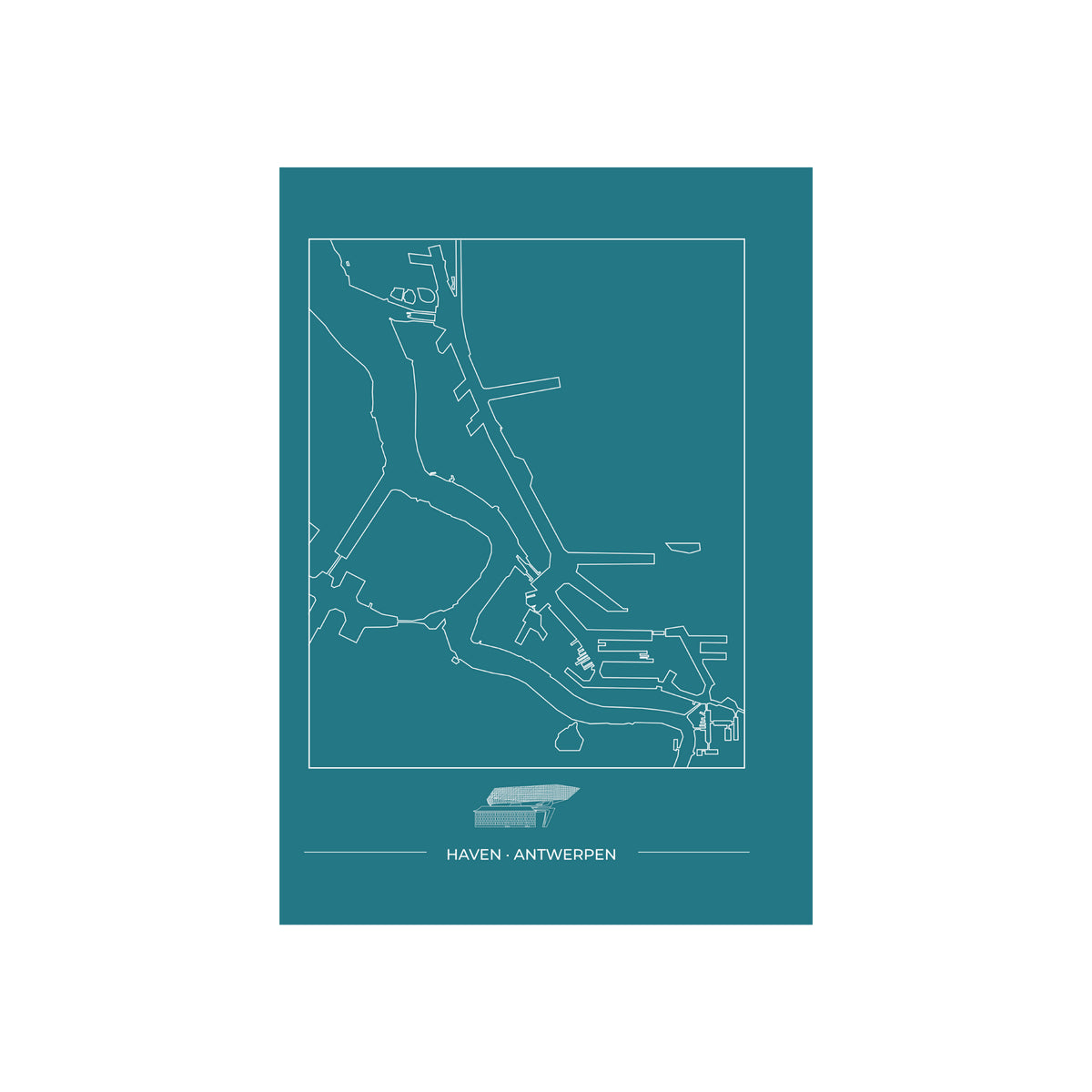 Matriks Postkaart Antwerpen Haven Dubbel A6: Minimalistische kaart met witte lijnen van de Antwerpse haven op een groenblauwe achtergrond, 'Antwerpse gebouwen' en 'HAVEN - ANTWERPEN' eronder. Perfect als A6 wenskaart. Van Matriks.