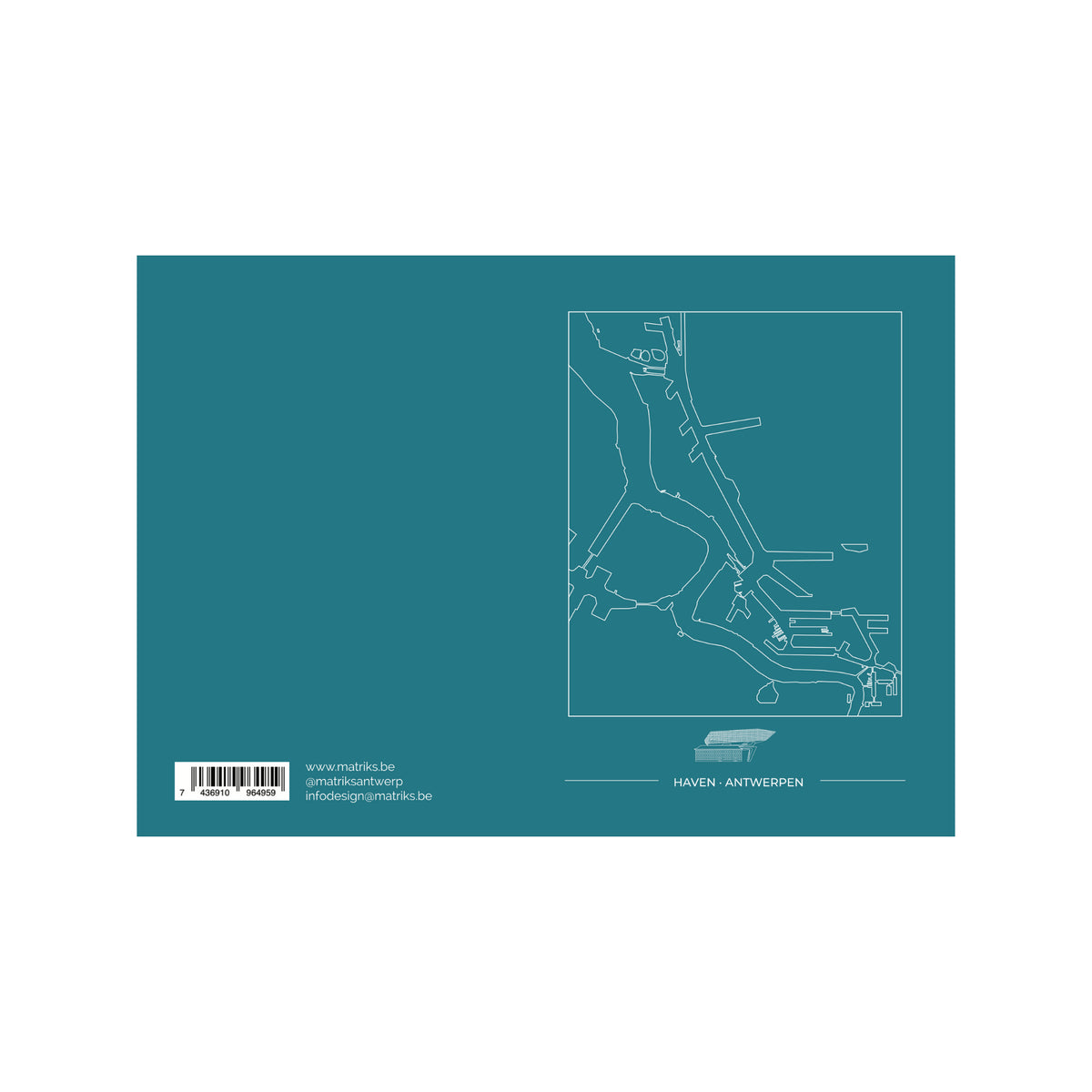 De Matriks Postkaart Antwerpen Haven Dubbel A6 heeft een groenblauwe omslag met rechts een minimalistische witte kaart van de haven van Antwerpen. Op de linkerkant staat tekst, contactgegevens en een streepjescode - ideaal voor Matriks fans of verzamelaars van ansichtkaarten met een Antwerps thema.