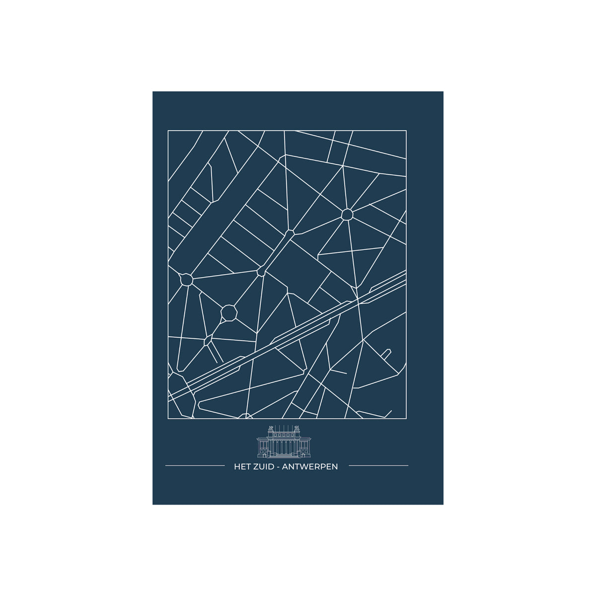 De Matriks Postkaart Antwerpen Het Zuid Dubbel A6 heeft een minimalistische wit-op-blauwe kaart van Het Zuid met geometrische straten en een gebouwenicoon, plus het label "Het Zuid - Antwerpen". Ideaal voor wenskaarten of liefhebbers van Antwerpse gebouwen.