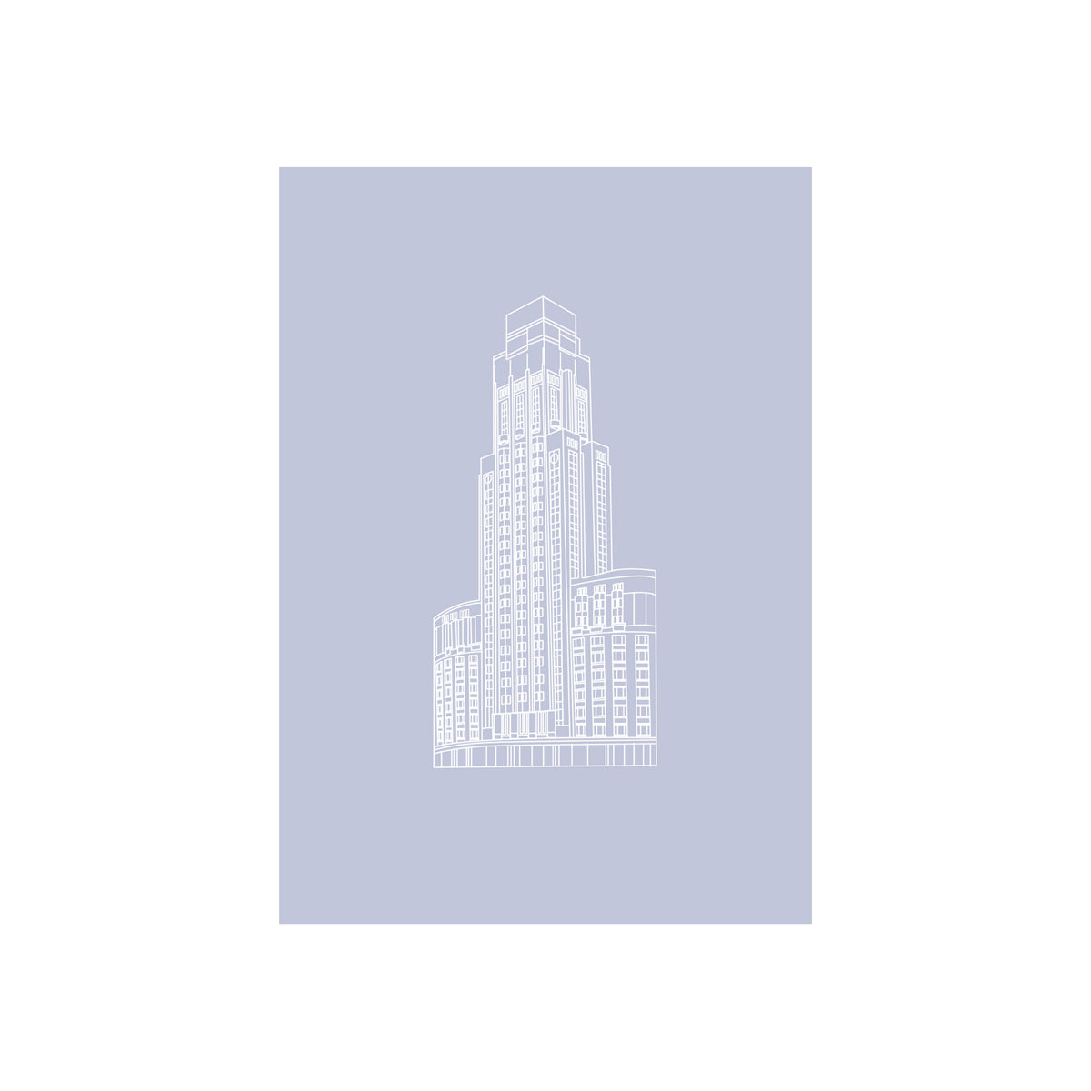 Matriks Postkaart Antwerpen Monumenten Boerentoren Dubbel A6 heeft een minimalistische witte lijntekening van de Antwerpse Boerentoren op licht lavendel, ideaal voor stijlvolle A6 wenskaarten. Merk: Matriks.
