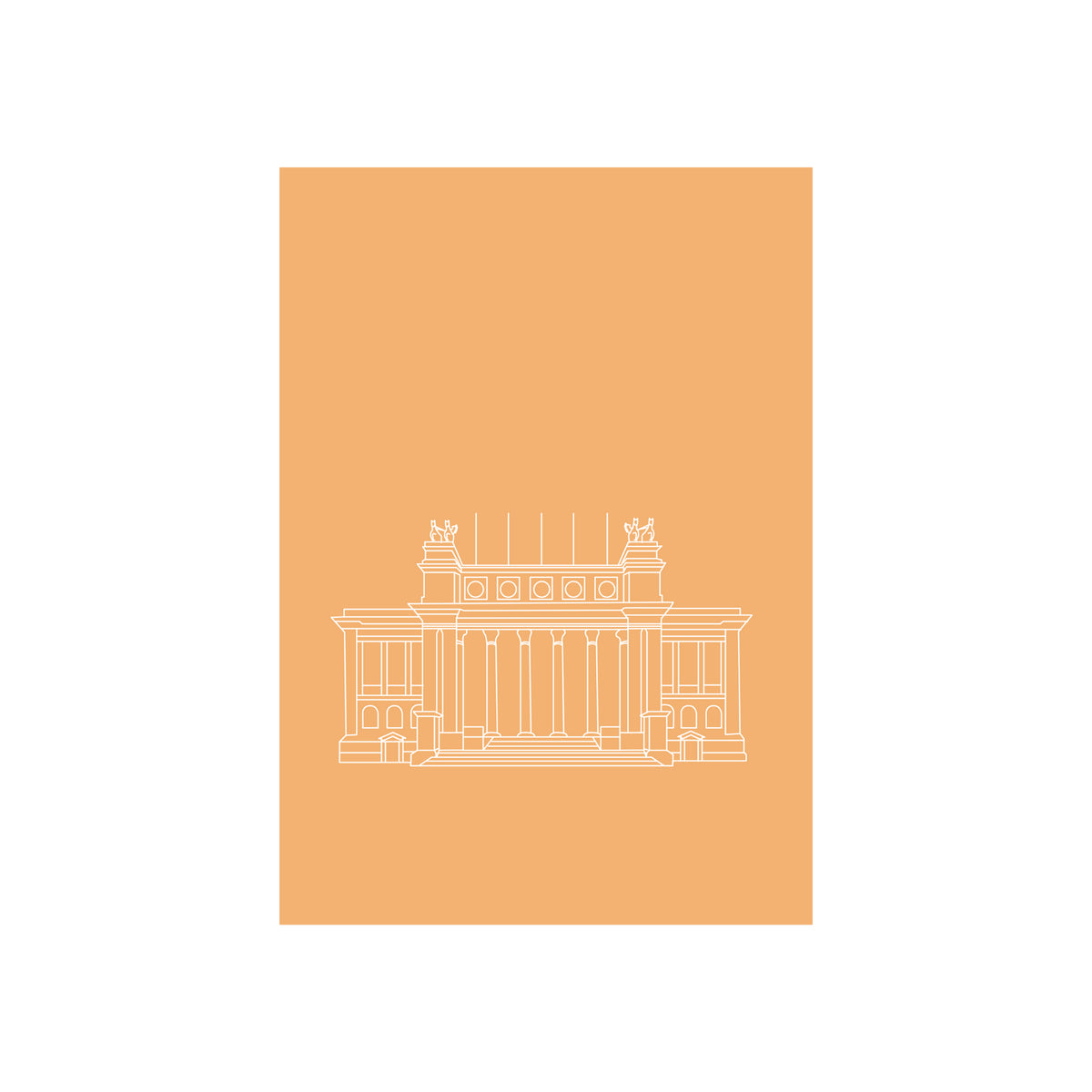 Matriks Postkaart Antwerpen Monumenten KMSKA Dubbel A6: een stijlvolle, minimalistische lijntekening van Antwerpse gebouwen met zuilen en beelden op een oranje achtergrond-ideaal als wenskaart.