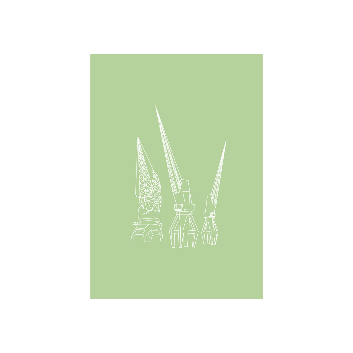 De Matriks Postkaart Antwerpen Monumenten Kranen Dubbel A6 heeft een minimalistische illustratie van drie witomlijnde kranen op lichtgroen, geïnspireerd op Antwerpse oriëntatiepunten - ideaal als moderne wenskaart van Matriks.