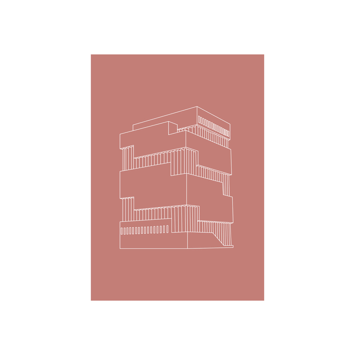 Minimalistische lijntekening van het MAS monument in Antwerpen, met onregelmatige gestapelde rechthoeken op een zachtroze achtergrond - perfect voor persoonlijke boodschappen op de Matriks Postkaart Antwerpen Monumenten MAS Dubbel A6 van Matriks.