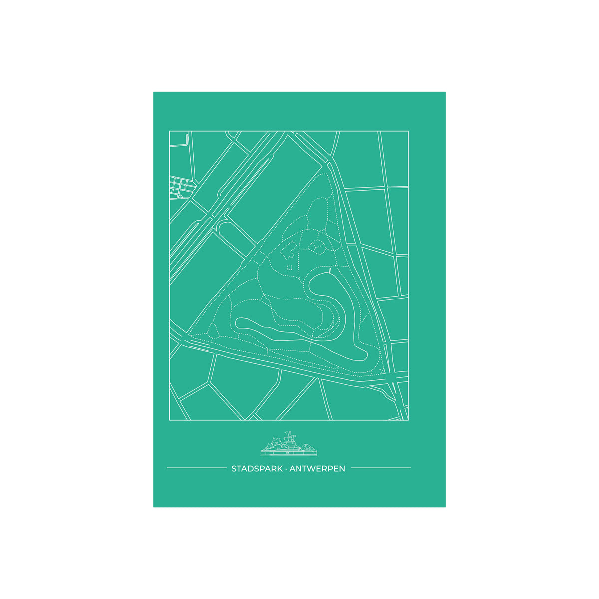 Matriks Postkaart Antwerpen Stadspark Dubbel A6 van Matriks: een minimalistische kaart van het Stadspark met witte paden, groene parkgebieden, Antwerpse gebouwen en "Stadspark - Antwerpen" onderaan - ideaal voor wenskaarten.