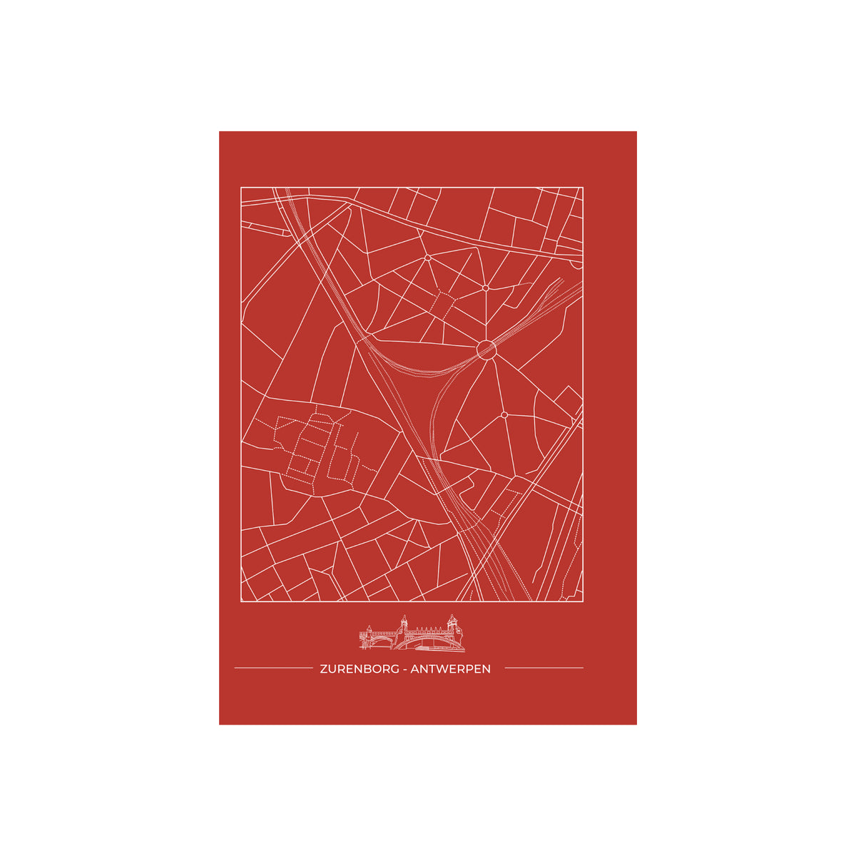 De Matriks Postkaart Antwerpen Zurenborg Dubbel A6 van Matriks heeft een minimalistische rode plattegrond van Zurenborg met witte straten, een omlijning van gebouwen en "Zurenborg - Antwerpen" tekst - ideaal voor wenskaarten of een eerbetoon aan Antwerpse gebouwen.