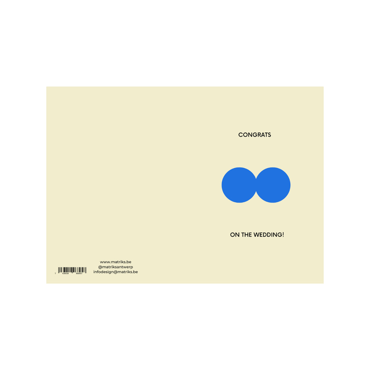 De Matriks JL Postkaart Congrats On The Wedding Dubbel van Matriks is een minimalistische kaart met een crèmekleurige achtergrond, twee blauwe cirkels en "CONGRATS ON THE WEDDING!" in een eenvoudig zwart lettertype, plus contactgegevens linksonder.