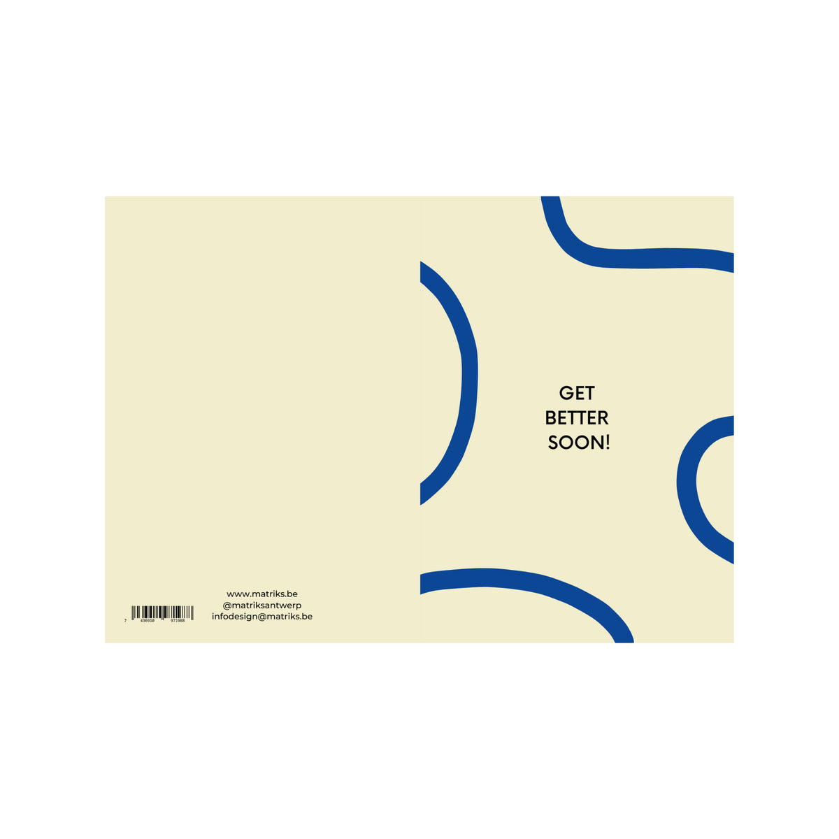 De Matriks JL Postkaart Get Better Soon Dubbel is een lichtbeige kaart met opvallende blauwe gebogen lijnen en "GET BETTER SOON!" in zwart rechts in het midden, met Julie Lindekens' kenmerkende grafische stijl, contactgegevens en streepjescode linksonder.