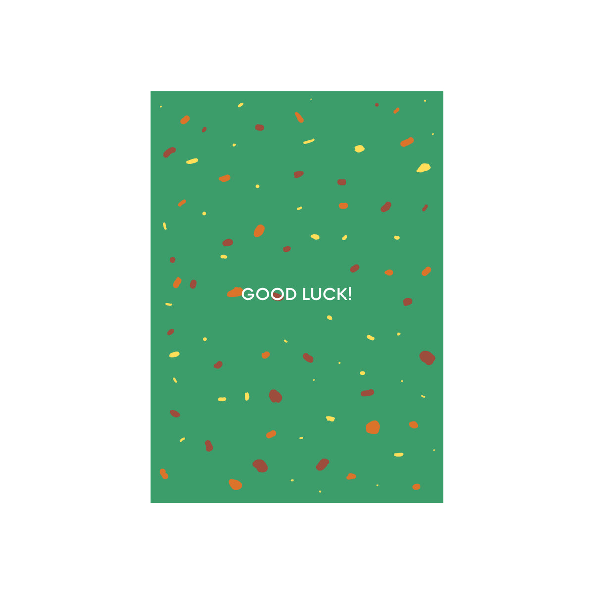 De Matriks JL Postkaart Good Luck Green Dubbel van Matriks heeft een groen ontwerp met gele en rode confetti-achtige stippen en vetgedrukte witte "GOOD LUCK!" tekst midden op de voorkant. Ontwerp door Julie Lindekens.