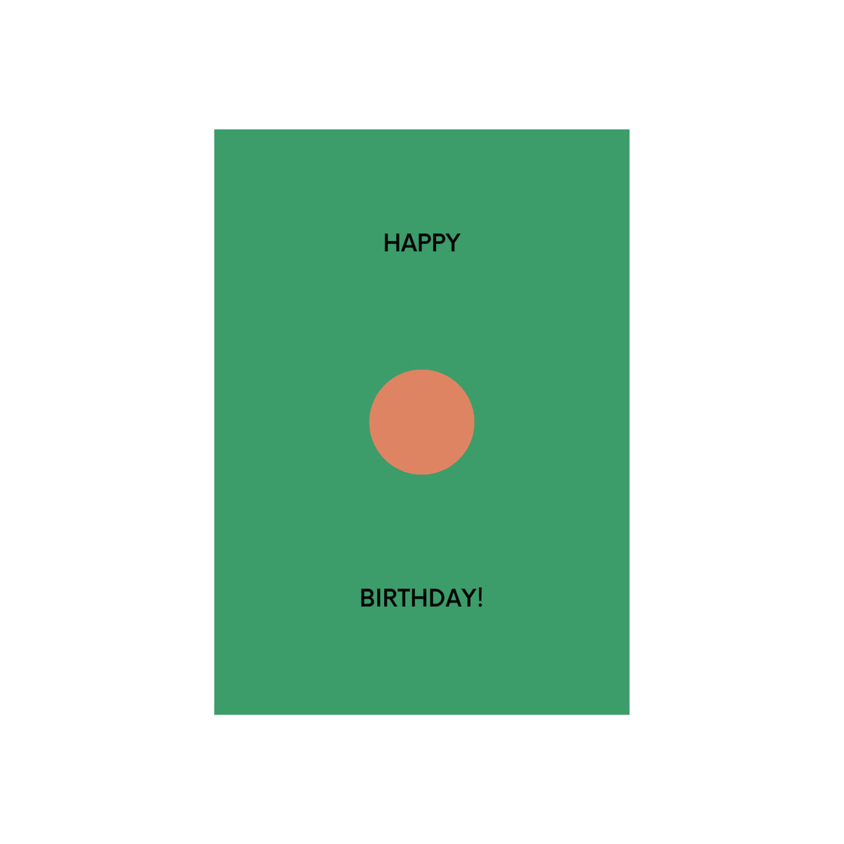 Een groene rechthoek met een perzikkleurige cirkel in het midden. "HAPPY" staat erboven en "BIRTHDAY!" staat eronder in zwarte tekst - onderdeel van de Matriks JL Postkaart Happy Birthday Green Dubbel van Matriks.