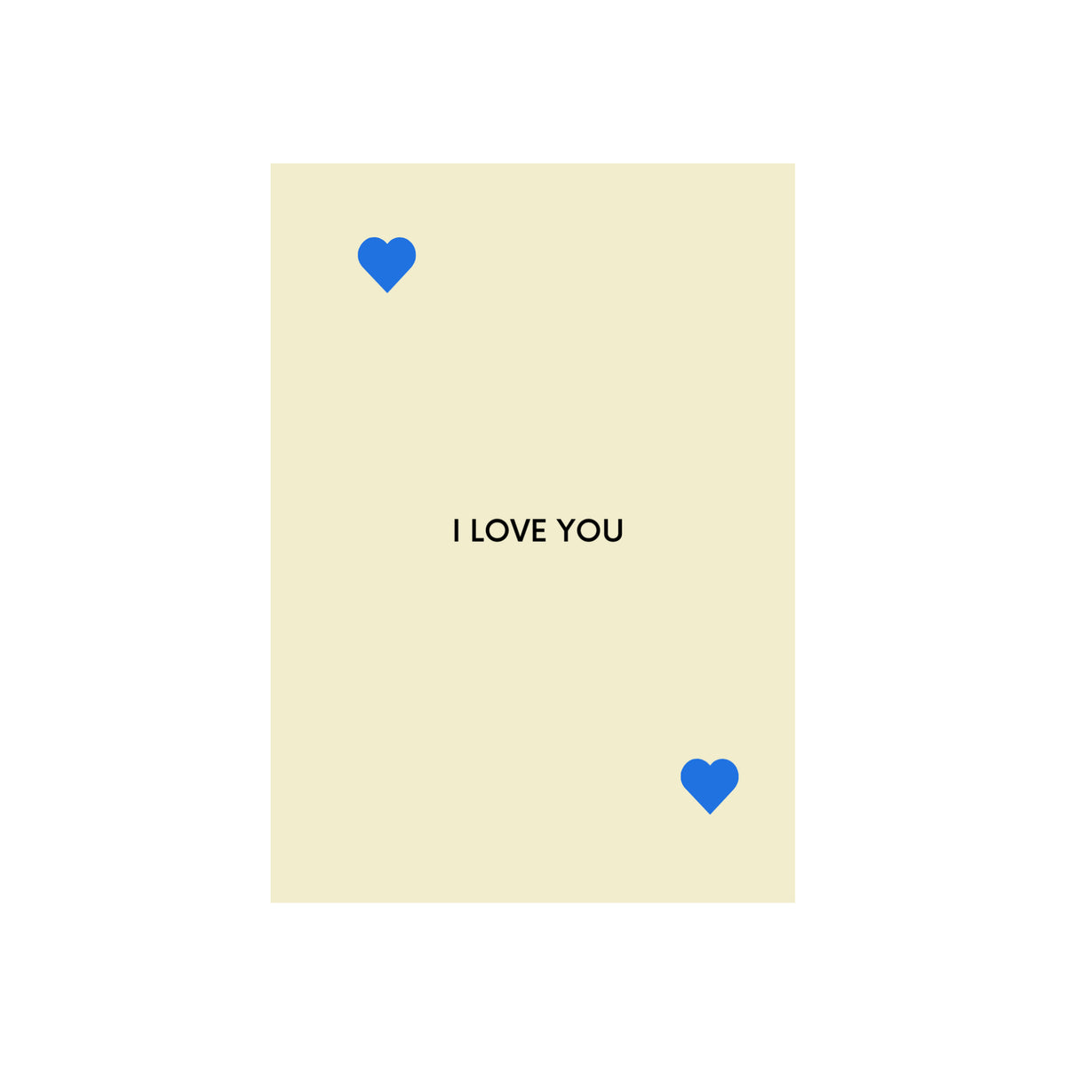 De Matriks JL Postkaart I Love You Dubbel van Matriks is een crèmekleurige kaart uit hun postkaartcollectie, met blauwe harticoontjes in twee hoeken en de woorden "I LOVE YOU" in het midden in zwart - een van hun ontroerende kaarten met teksten.