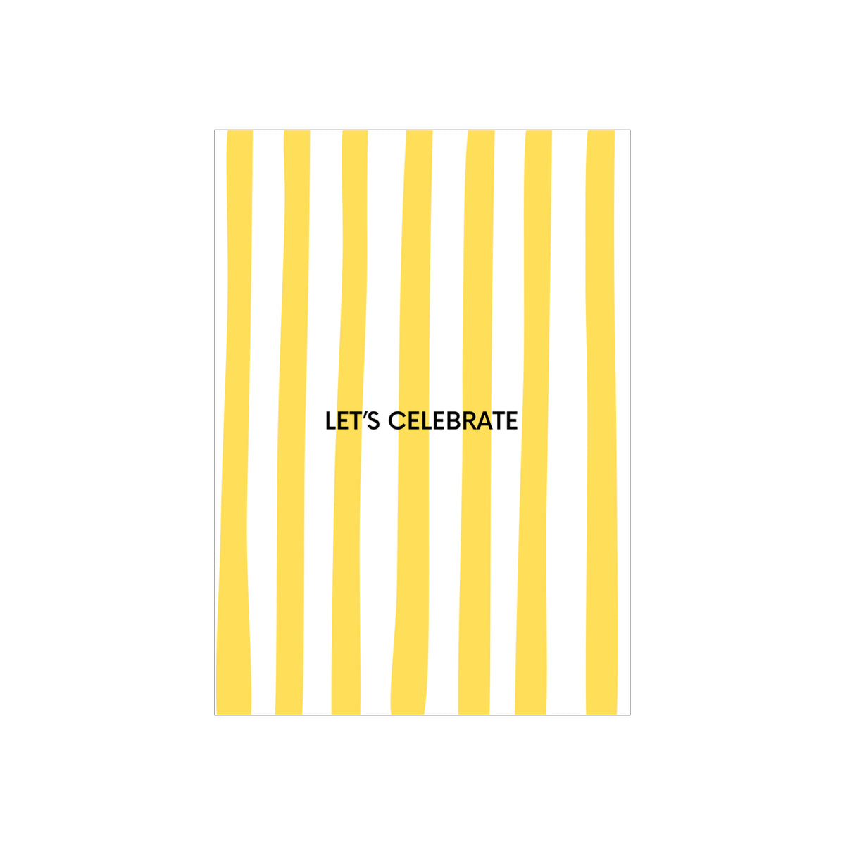 De Matriks JL Postkaart Let's Celebrate Dubbel van Matriks heeft ongelijke verticale gele en witte strepen met "LETS CELEBRATE" in dikke zwarte letters midden op de voorkant.
