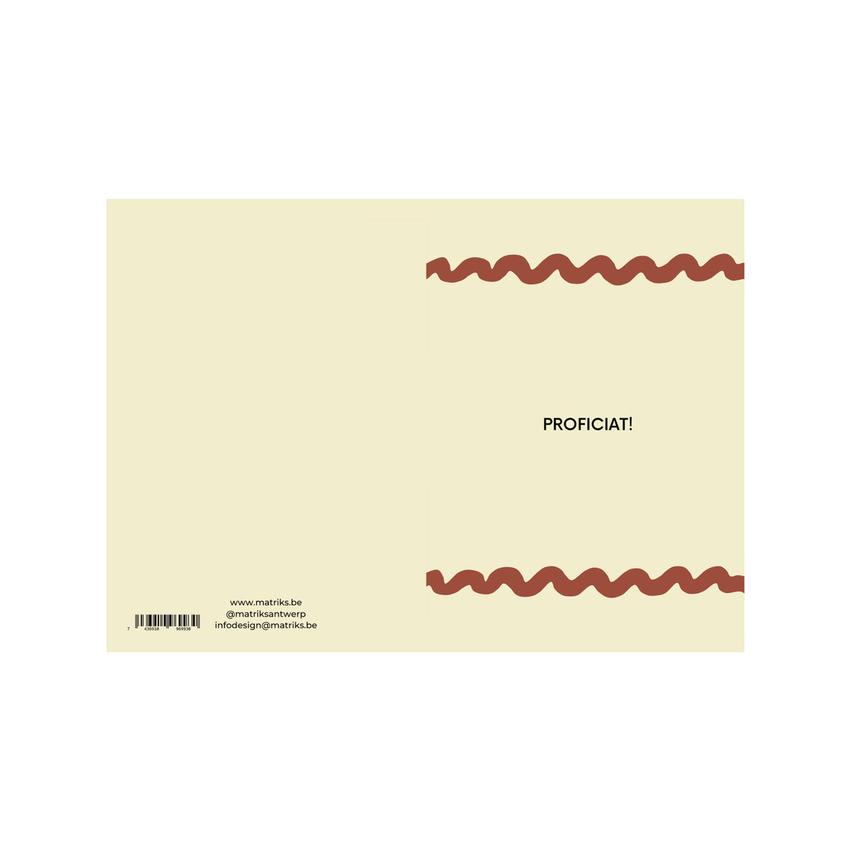De Matriks JL Postkaart Proficiat Dubbel is een crèmekleurige kaart met rode golvende lijnen, "PROFICIAT!" in het midden, maakt deel uit van de collectie van Julie Lindekens en de contactgegevens van Matriks staan linksonder.