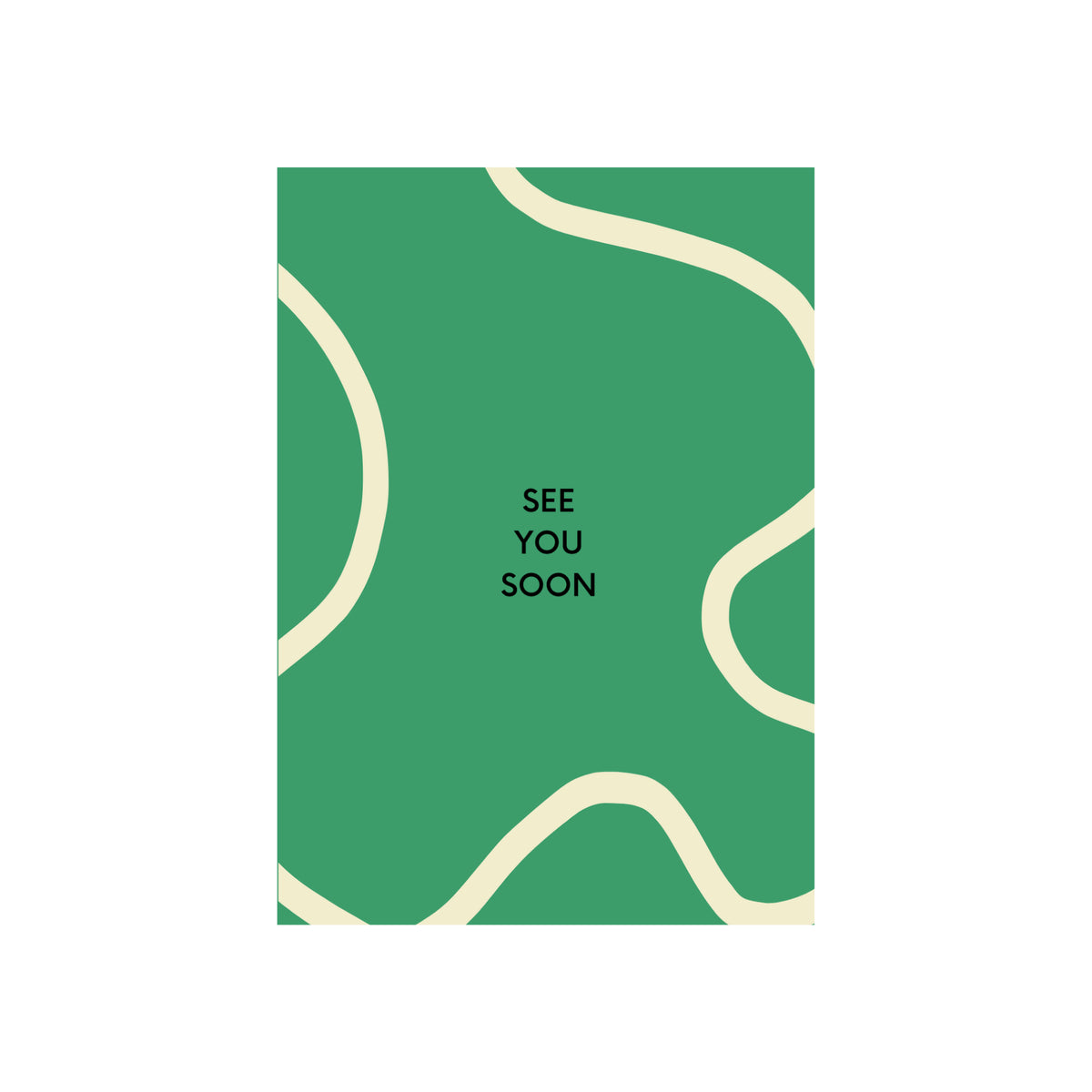 De Matriks JL Postkaart See You Soon Dubbel van Matriks heeft een groene rechthoek met crèmekleurige golvende lijnen en "SEE YOU SOON" in zwart, gecentreerd op wit - een must-have voor fans van minimale grafische vormgeving of een postkaartcollectie.