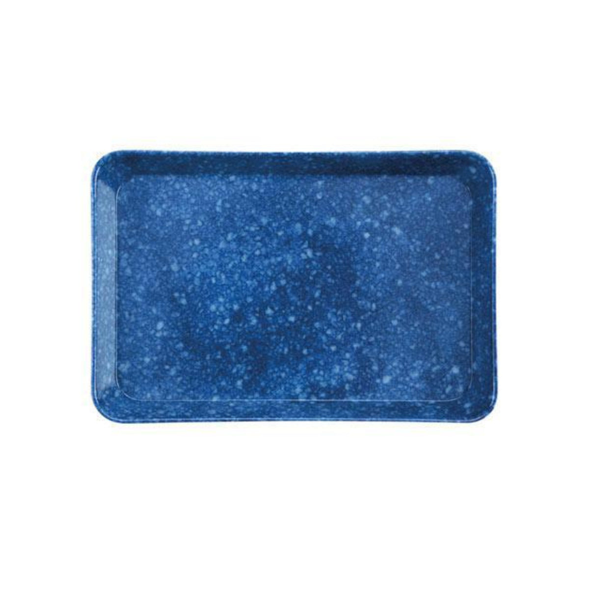 Het Melamine Marbled Dienblad Navy 23/16 van Melamine Marbled is een rechthoekig navy melamine dienblad met afgeronde hoeken en een gemarmerd patroon, weergegeven op een effen witte achtergrond.