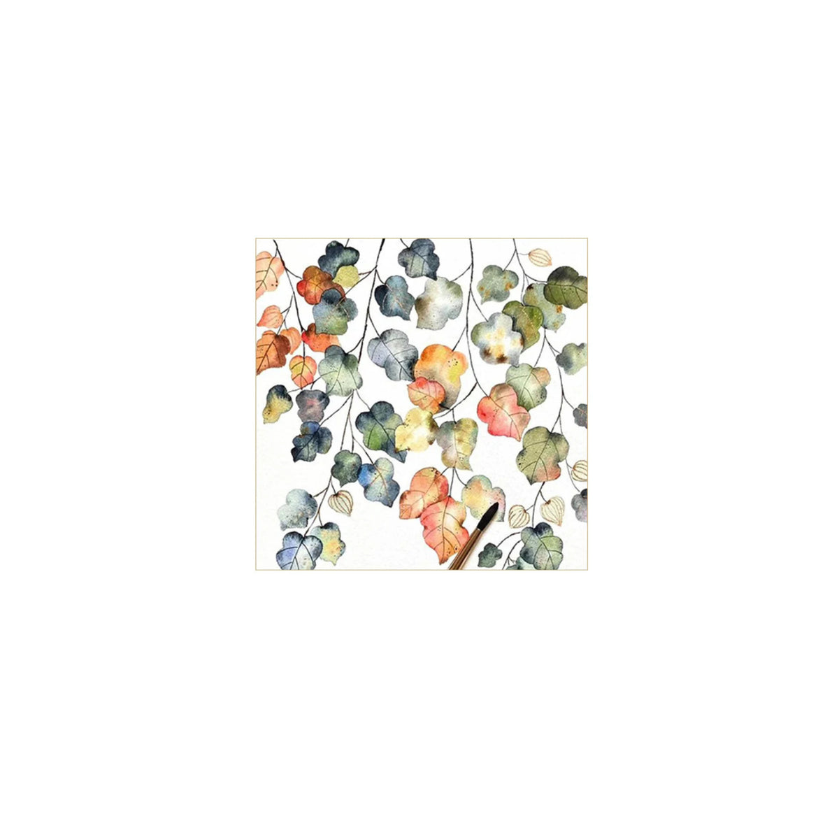 Papieren Servetten Bright Fall 25/25 van PPD hebben waterverfranken met veelkleurige bladeren in groen, blauw, geel en oranje op wit 3-laags FSC-papier. Elke servet meet 25 × 25 cm en toont losjes gegroepeerde bladeren op gebogen takken.
