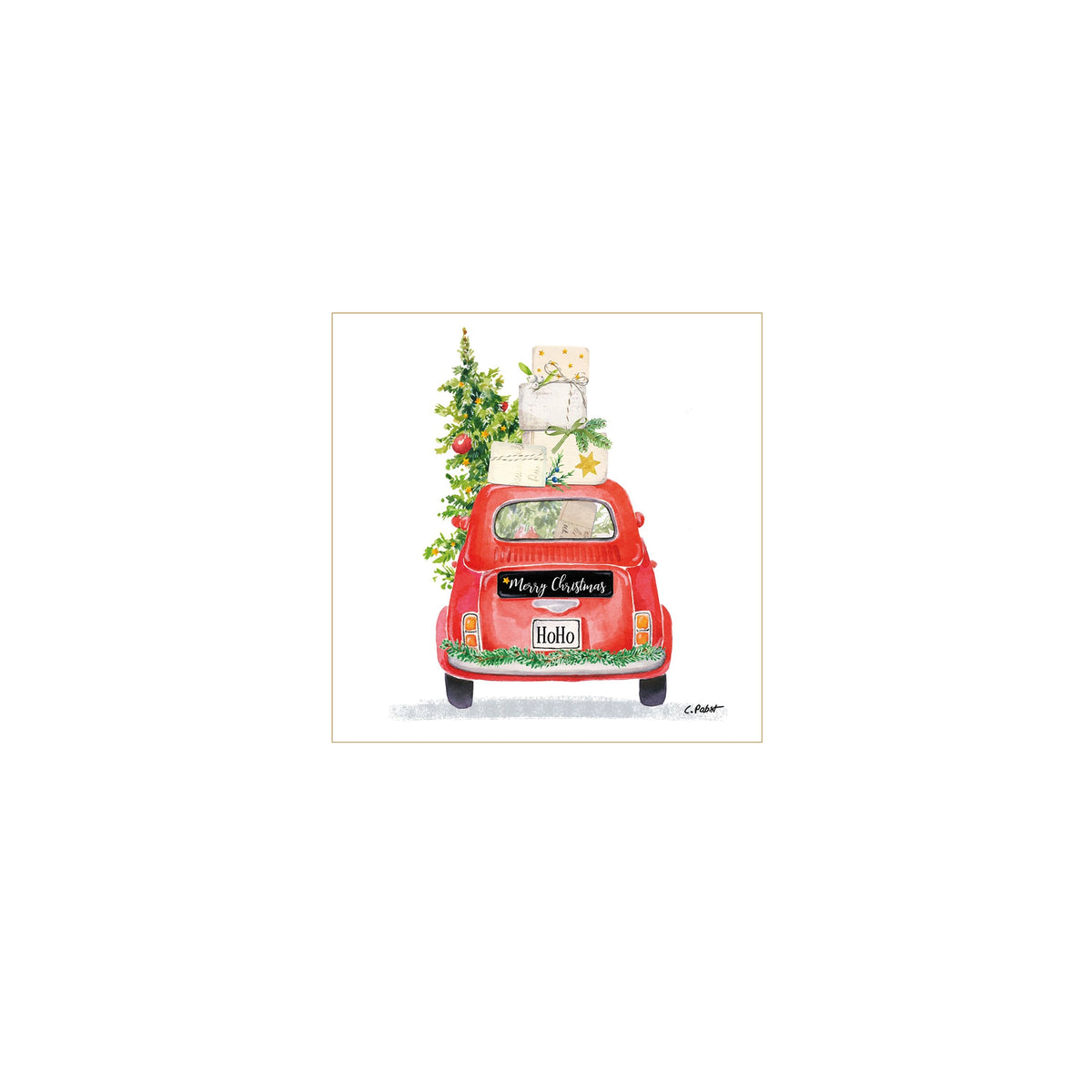 Vrolijk de feestdagen op met PPD's Papieren Servetten Kerstmis Taxi 25/25, met een feestelijke rode taxi met een "Merry Christmas" bord, boom en cadeautjes op FSC-papieren servetten - perfect om het seizoen te vieren.