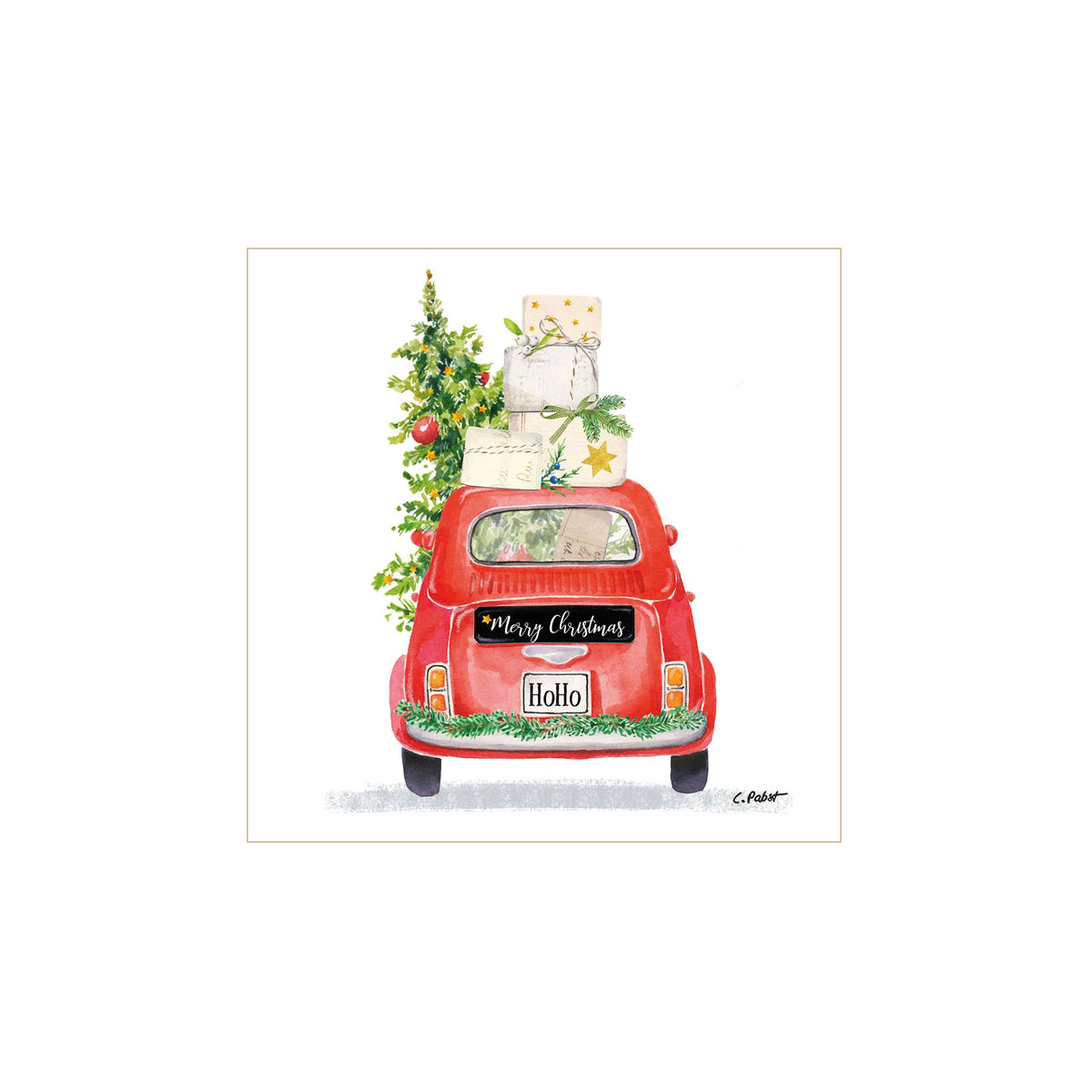 Een rode auto met een Merry Christmas-teken en HoHo-bord vervoert een boom en cadeautjes en zorgt zo voor extra feestvreugde op tafel. Het feestelijke tafereel verschijnt op FSC-papier Papieren Servetten Kerstmis Taxi 33/33 van PPD.