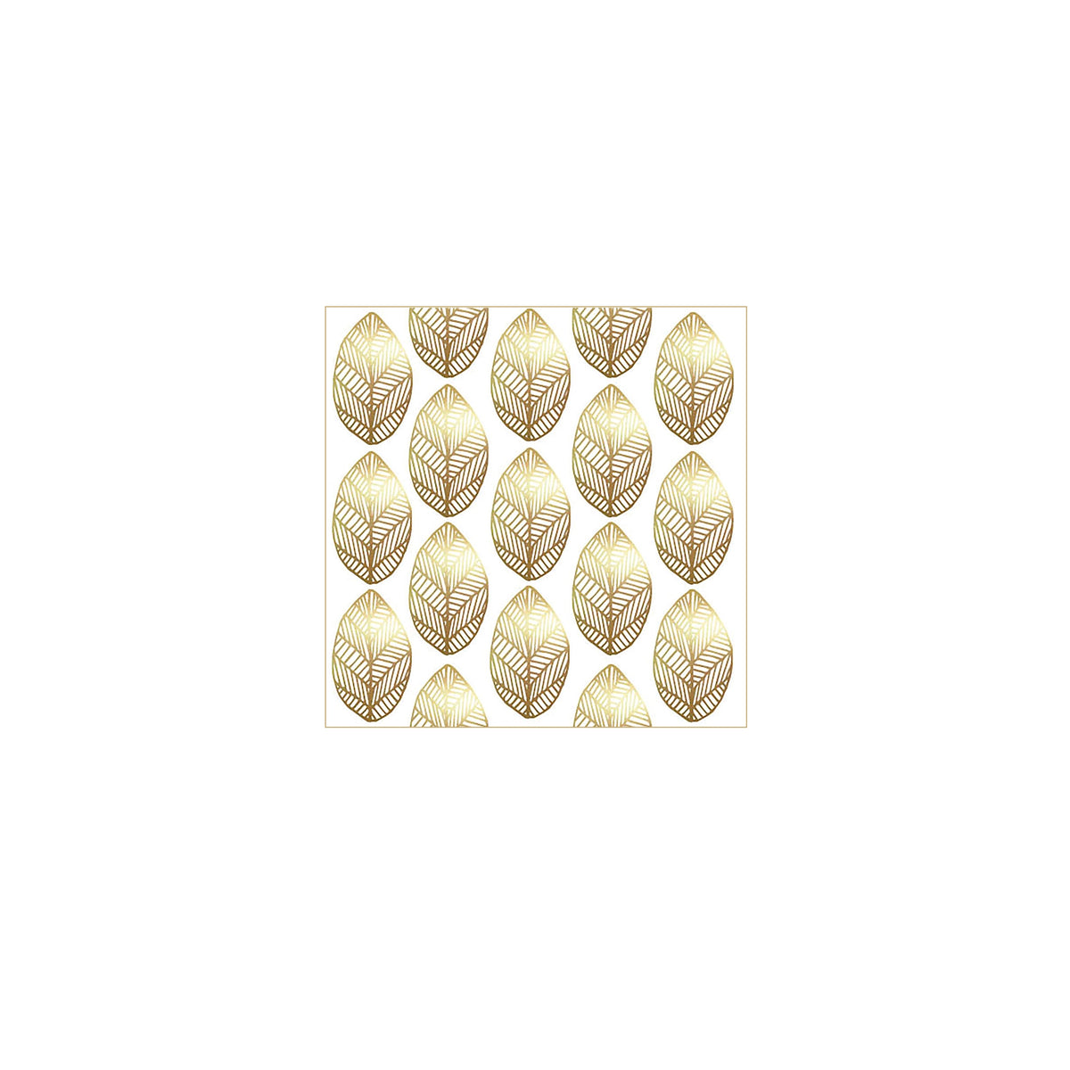 De PPD Papieren Servetten Golden Leaves 25/25 hebben een bladgoud en geometrisch patroon op wit, zijn 25×25 cm groot, zijn gemaakt van 3-laags FSC-papier en liggen netjes in een raster.