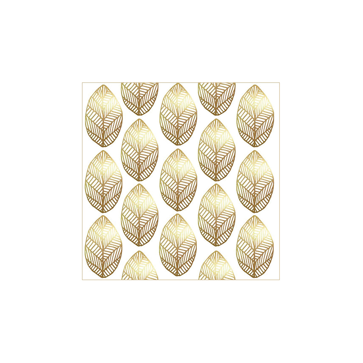 PPD's Papieren Servetten Golden Leaves 33/33 hebben gouden geometrische bladeren in rijen op een witte achtergrond - perfect voor herfst tafeldecoratie. Het gestileerde, symmetrische aderontwerp voegt een elegant detail toe aan elke herfsttafeldecoratie.
