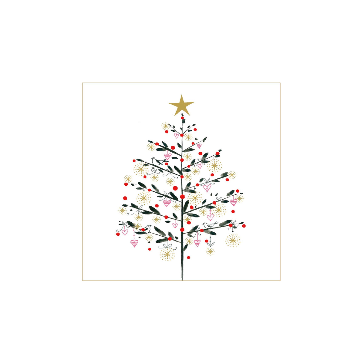 Illustratie van een versierde kerstboom met gouden ster, rode kerstballen, roze ornamenten en gouden sneeuwvlokken op wit - ideaal voor PPD Papieren Servetten Simply Christmas 33/33 gemaakt van 3-laags FSC-papier.