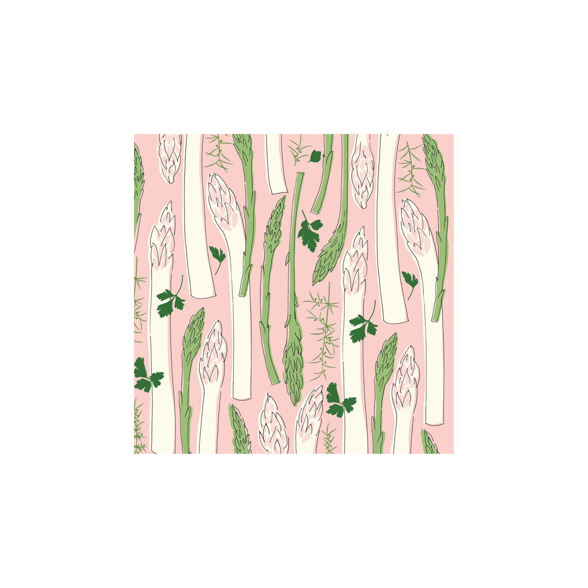 PPD Papieren Servetten Asperges 33/33 van PPD, met een groene en witte aspergeprint en groene bladeren op lichtroze achtergrond, zijn perfecte tafeldecoratie en gemaakt van 3-laags FSC papier.