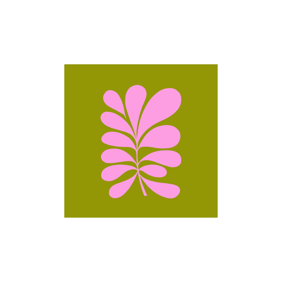 Een abstract roze blad met afgeronde lobben staat in het midden op een olijfgroen vierkant, omrand met wit. Dit weerspiegelt de elegantie van PPD Papieren Servetten Paula Groen 33/33 - perfect voor tafelschikking door PPD.