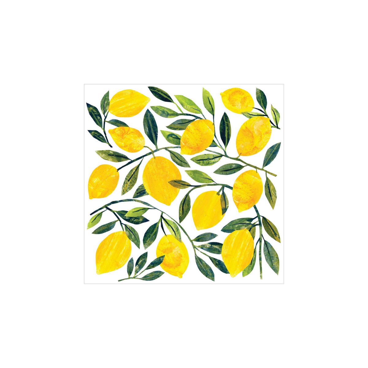 Een aquarelontwerp van felgele citroenen met groene bladeren, gerangschikt in een vierkant op wit - ideaal voor PPD Papieren Servetten Tracey's Citronella 33/33 van PPD, gemaakt van FSC-papier om je tafelschikking te verfraaien.