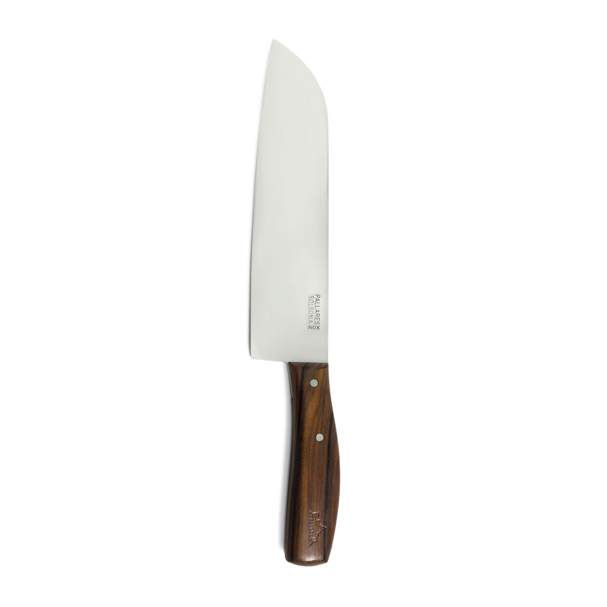 De Pallares Solsona Chefmes Klankhout 20 cm heeft een breed, glanzend roestvrijstalen lemmet en een gepolijst klankhout handvat, geïsoleerd afgebeeld op een witte achtergrond.
