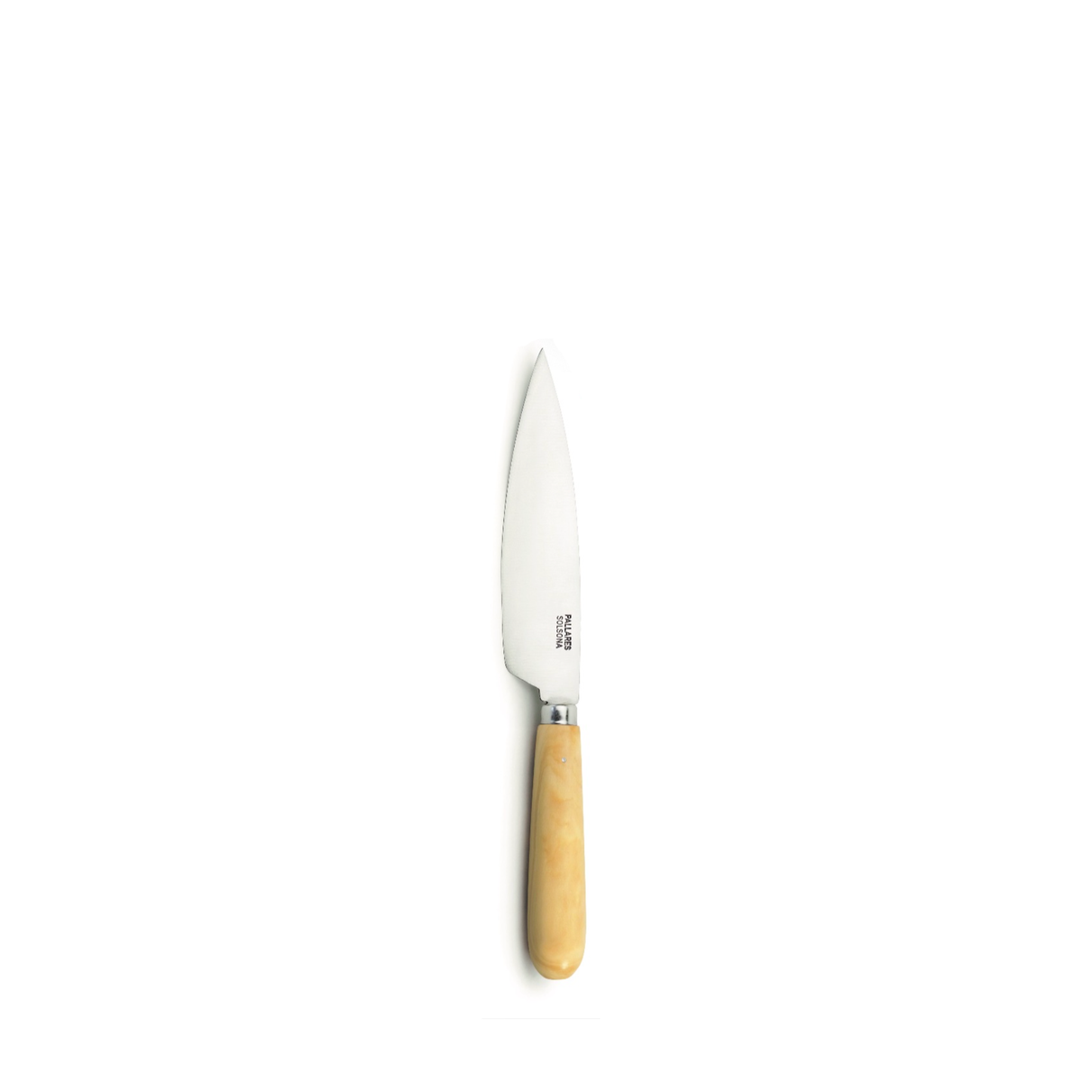 De Pallares Solsona Keukenmes Buxushout (ras) 11 cm heeft een glanzend zilver lemmet en lichtbruin Buxushout handvat, perfect gecentreerd op een effen witte achtergrond. Ideaal voor veelzijdige keukentaken.