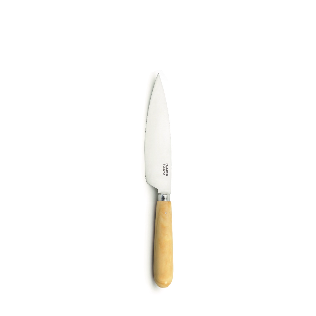 Een Pallares Solsona Keukenmes Buxushout (ras) 13 cm, met een roestvrijstalen lemmet en licht buxushouten handvat, is gecentreerd op een witte achtergrond.
