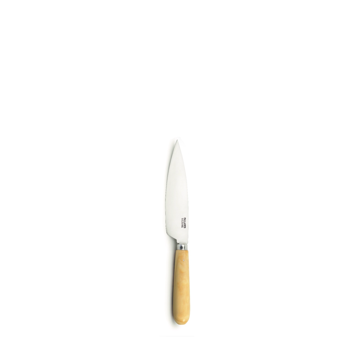 De Pallares Solsona Keukenmes Buxushout (ras) 9 cm heeft een glanzend zilveren lemmet en een lichtbruin buxushout handvat, elegant weergegeven tegen een witte achtergrond om het vakmanschap van Pallares Solsona te benadrukken.