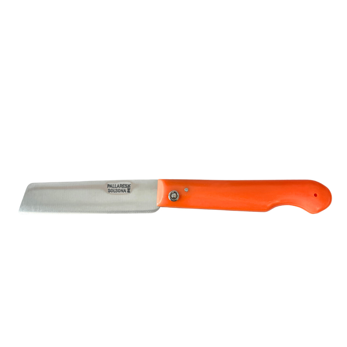 Het Pallares Solsona Zakmes Oranje 9 cm, een vouwmes met een recht roestvrijstalen lemmet en oranje handvat, wordt open getoond tegen een witte achtergrond - perfect voor liefhebbers van kwaliteitsmessen.