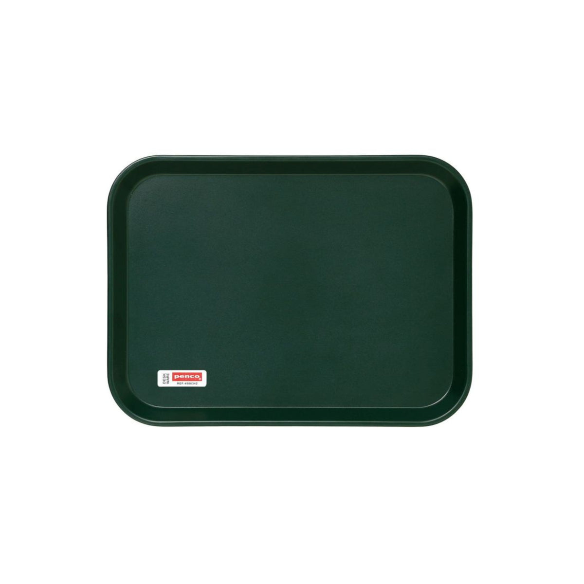Het Penco Dienblad Donkergroen 28/21 is een rechthoekig donkergroen dienblad met afgeronde hoeken en een rood-wit label, perfect als een veelzijdig dienblad of bureau-accessoire gepresenteerd op een witte achtergrond.