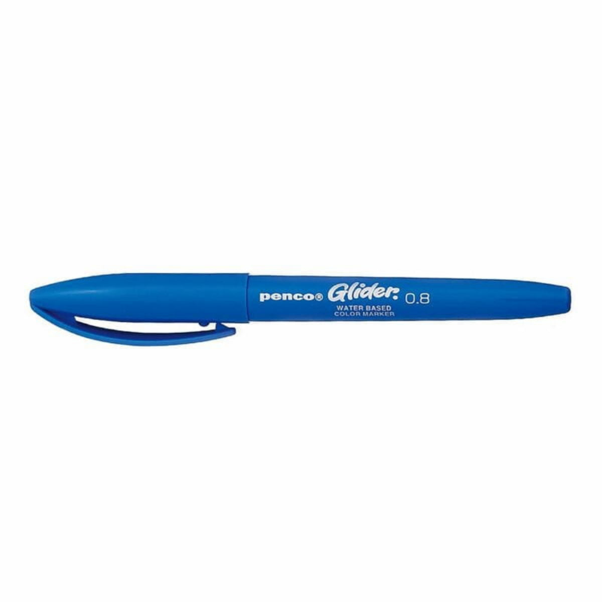 De Penco Glider Pen Blauw van Penco, met bijpassende dop, ligt horizontaal op een witte ondergrond en biedt een zijdezachte schrijfervaring.