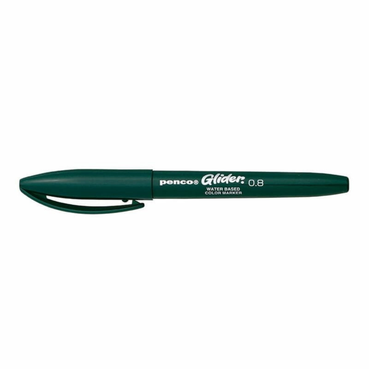 Een Penco Glider Pen Groen van Penco, met dop en witte tekst plus een clip op de dop, is afgebeeld tegen een effen witte achtergrond.