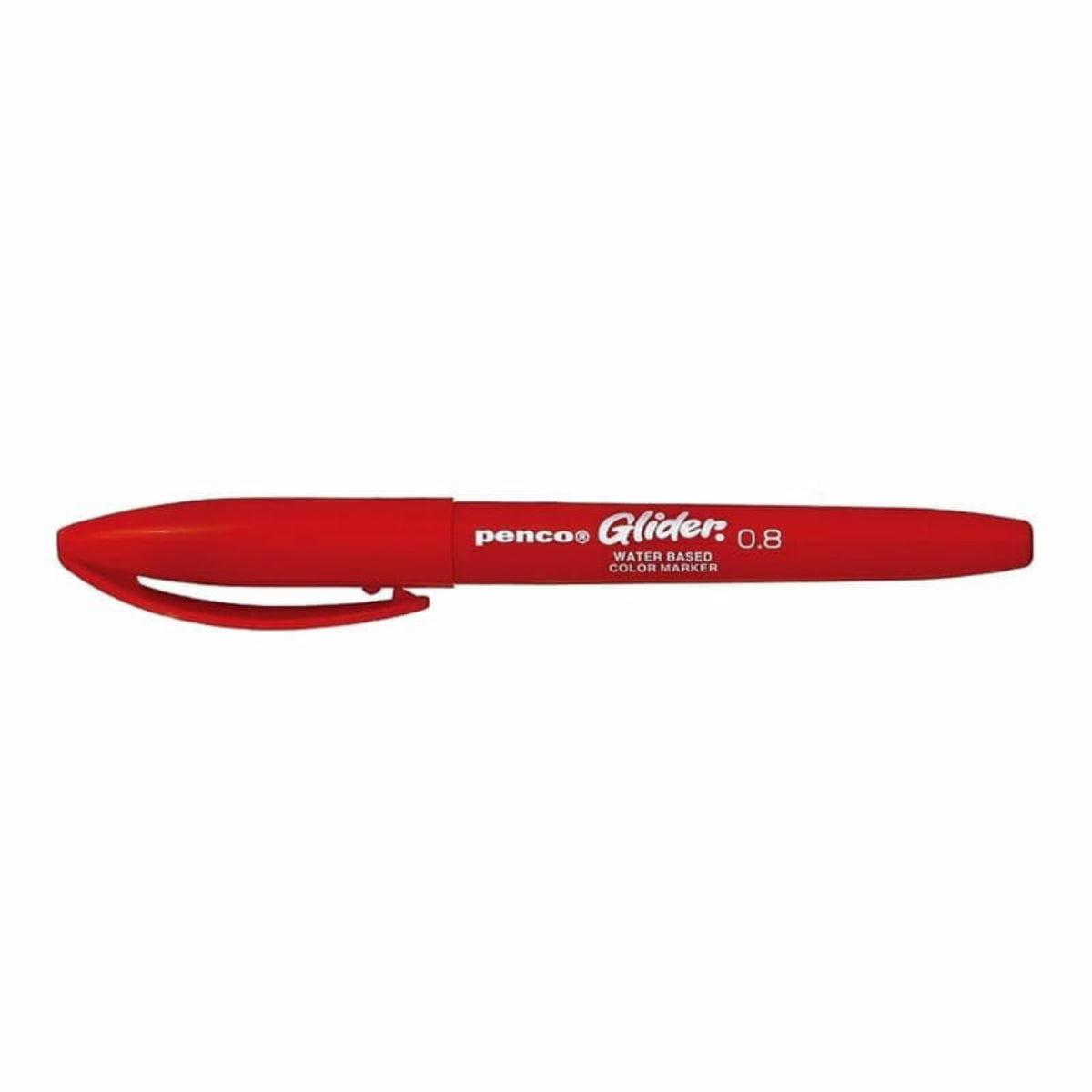 Een Penco Glider Pen Rood met een 0,8 mm punt en dopklem is horizontaal afgebeeld op een witte achtergrond. De pen is voorzien van wit gedrukte tekst die het stijlvolle rode ontwerp benadrukt.