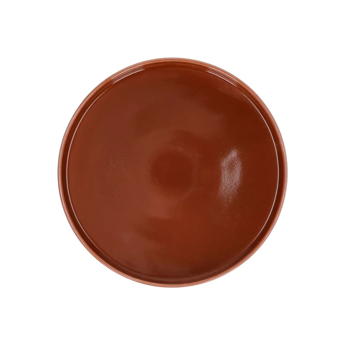 De Pomax Rasa Laag Bord Bruin D22 is een rond, glanzend bruin keramiek bord van Pomax, van boven afgebeeld op een witte achtergrond - ideaal voor stijlvolle tafeldecoratie.