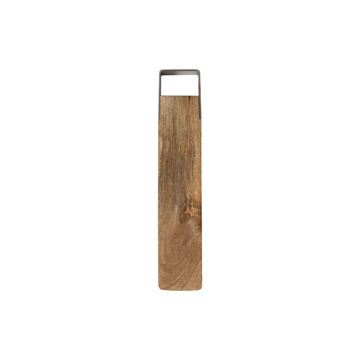 De Puebco Snijplank Mango Hout 7/32 is een lange, rechthoekige mangohouten snijplank met een metalen handvat, ideaal als dienblad. Afgebeeld op een witte achtergrond.