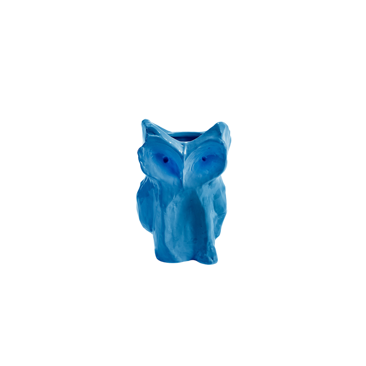 De Serax Marni After Midnight Uil Vaas Blauw XS is een klein, helderblauw keramieken uilenbeeldje van Serax, met gladde details en donkerblauwe stippen als ogen, afgebeeld op een effen witte achtergrond.