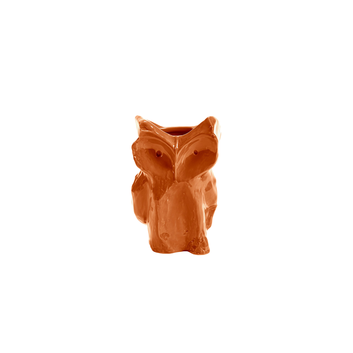 Een kleine, glanzend oranje Serax Marni After Midnight Uil Vaas Oranje XS vaas van keramiek, die de stijl van Marni weerspiegelt, is gefotografeerd tegen een effen witte achtergrond.