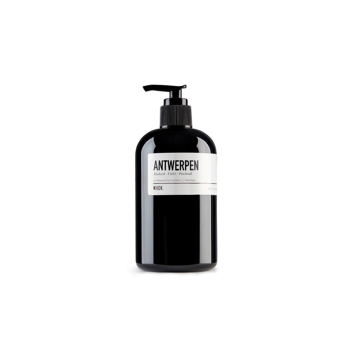 Een zwarte pompfles Wijck Handzeep Boulevard Antwerpen 500 ml, met een wit etiket met "ANTWERPEN", staat rechtop tegen een effen witte achtergrond.