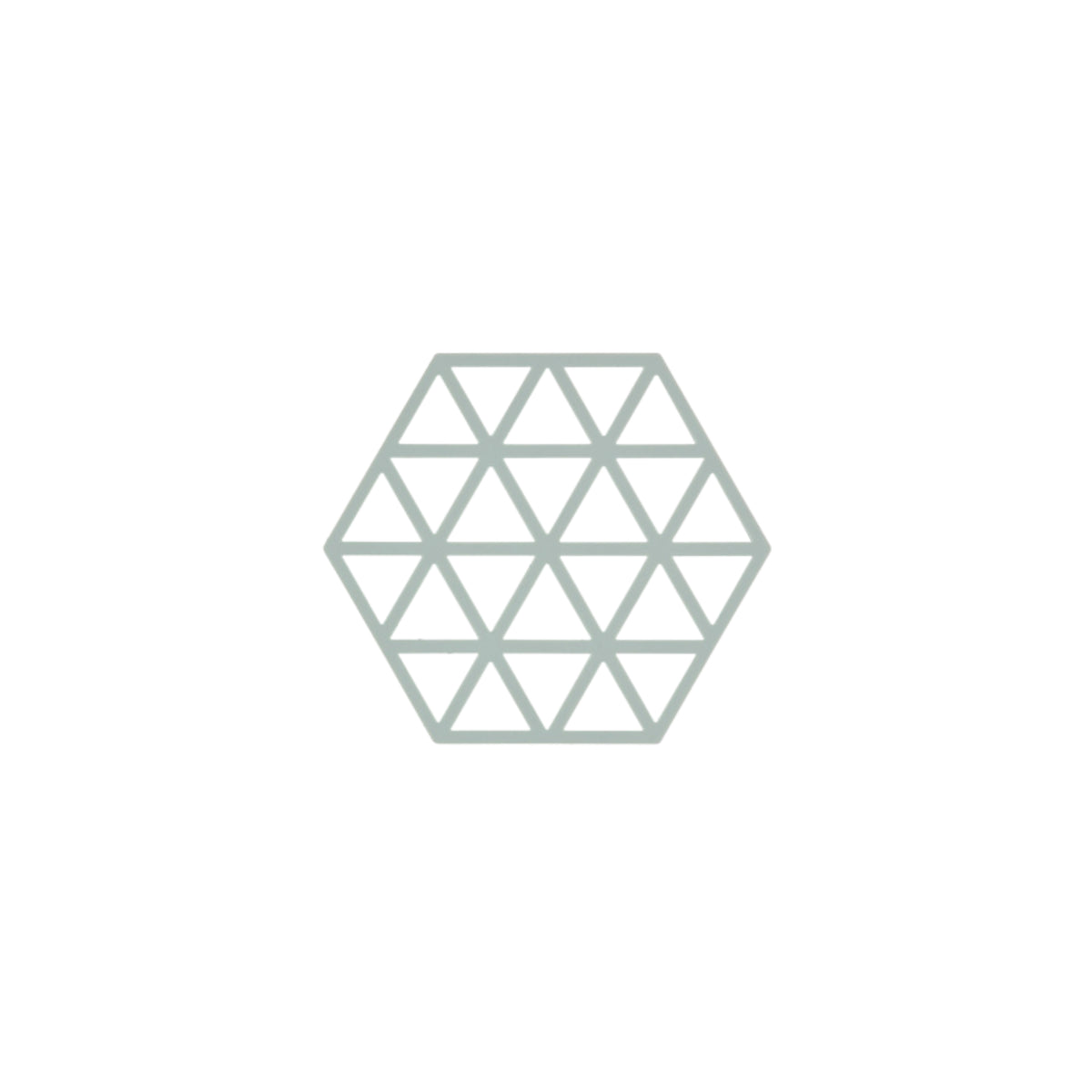 De Zone Denmark Triangles Trivet Nordic Sky heeft een geometrische zeshoek met honingraatpatroon in lichtgrijs siliconen, hittebestendig en stijlvol van Zone Denmark, weergegeven tegen een witte achtergrond.