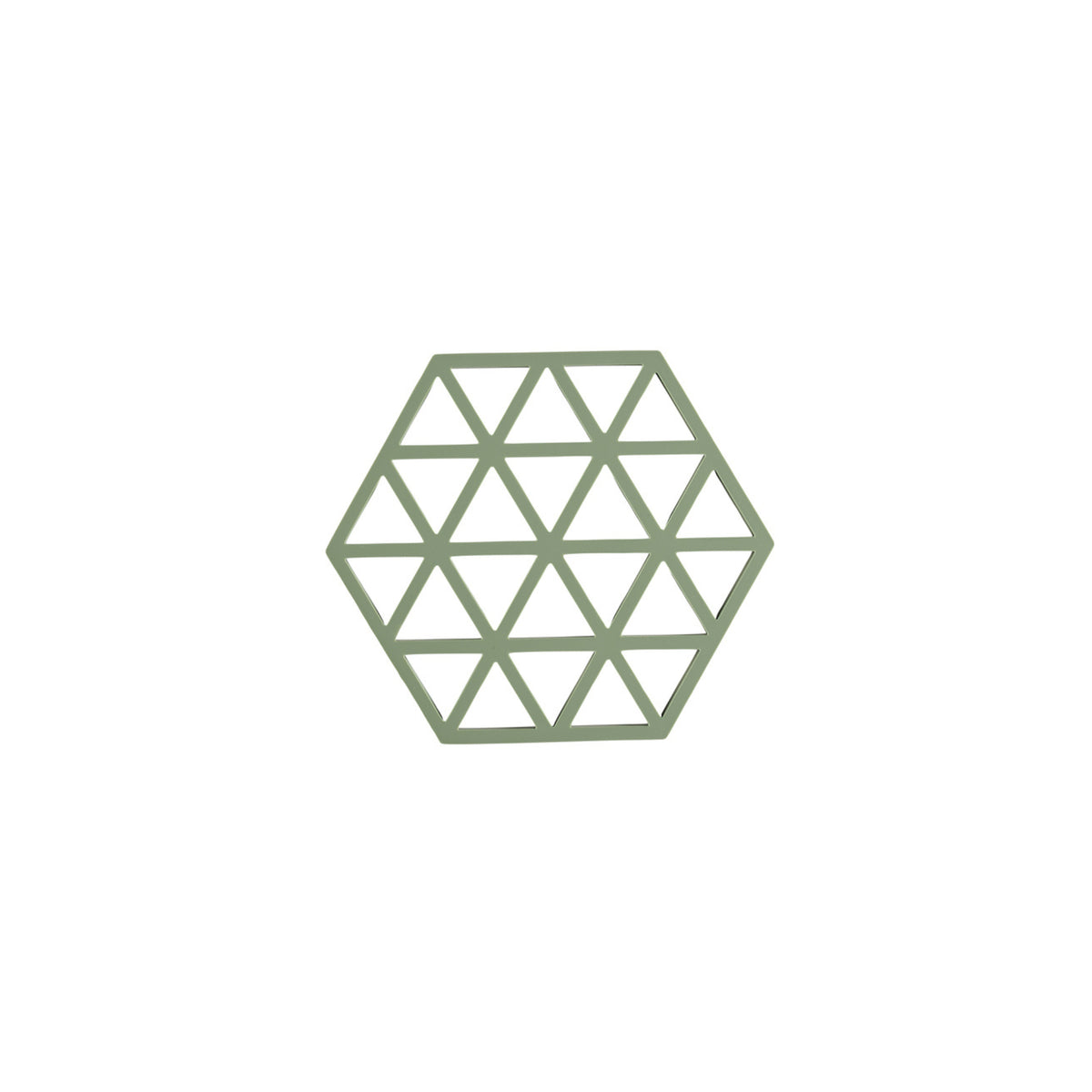 De Zone Denmark Triangles Trivet Rozemarijn van Zone Denmark is een groene, zeshoekige siliconen onderzetter met een in elkaar grijpend driehoekjespatroon, afgebeeld op een witte achtergrond.