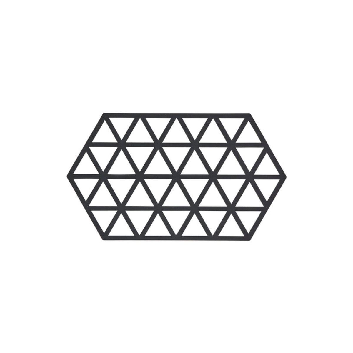 Een symmetrisch zwart zeshoekig raster van gelijkzijdige driehoeken, dat lijkt op de Zone Denmark Triangles Trivet XL Zwart gemaakt van hittebestendig silicone, is gecentreerd op een witte achtergrond en doet denken aan grafisch ontwerp.